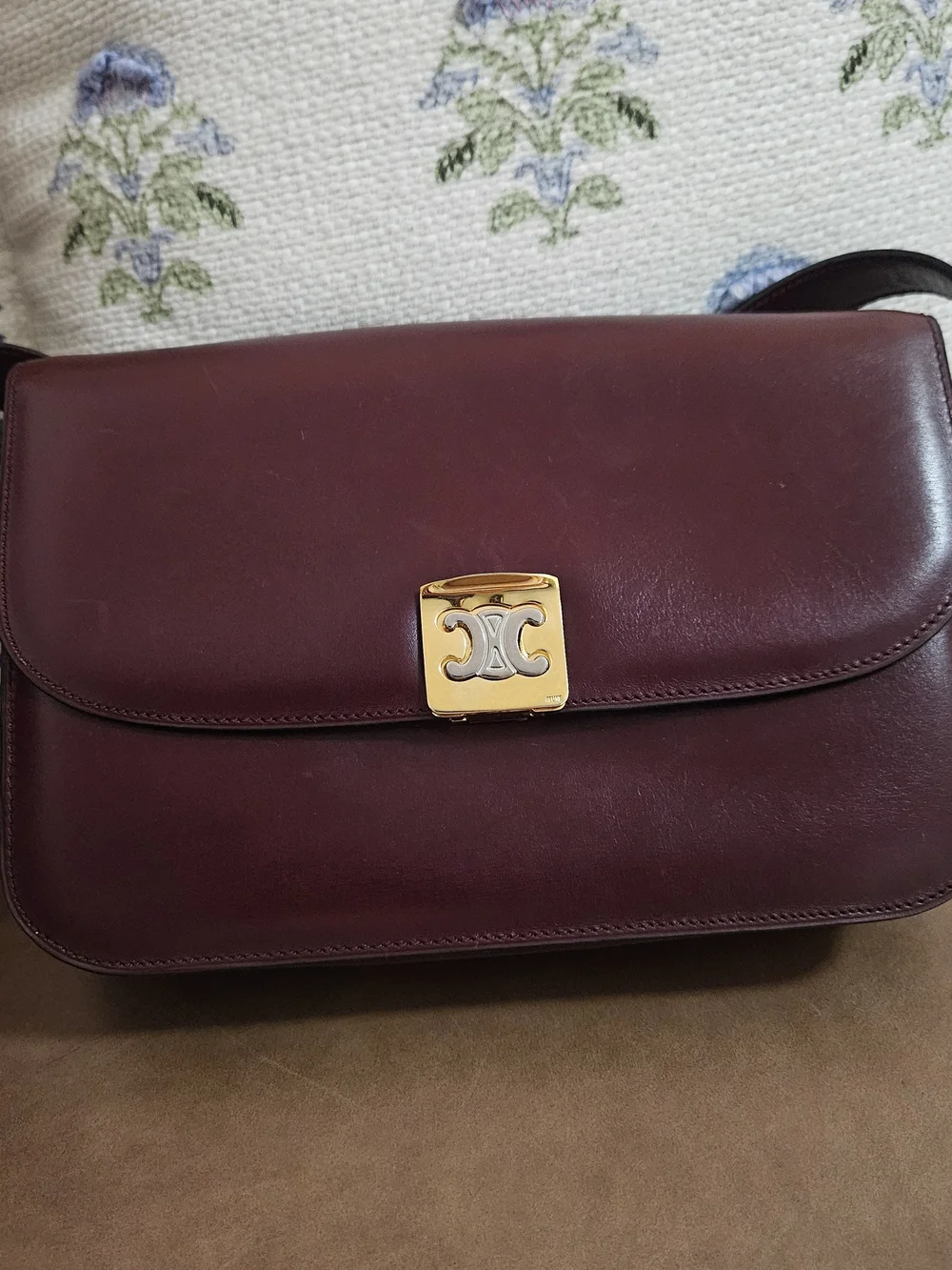 Celine Triomphe Lock Front Flap Shoulder Bag in Burgundy Leather